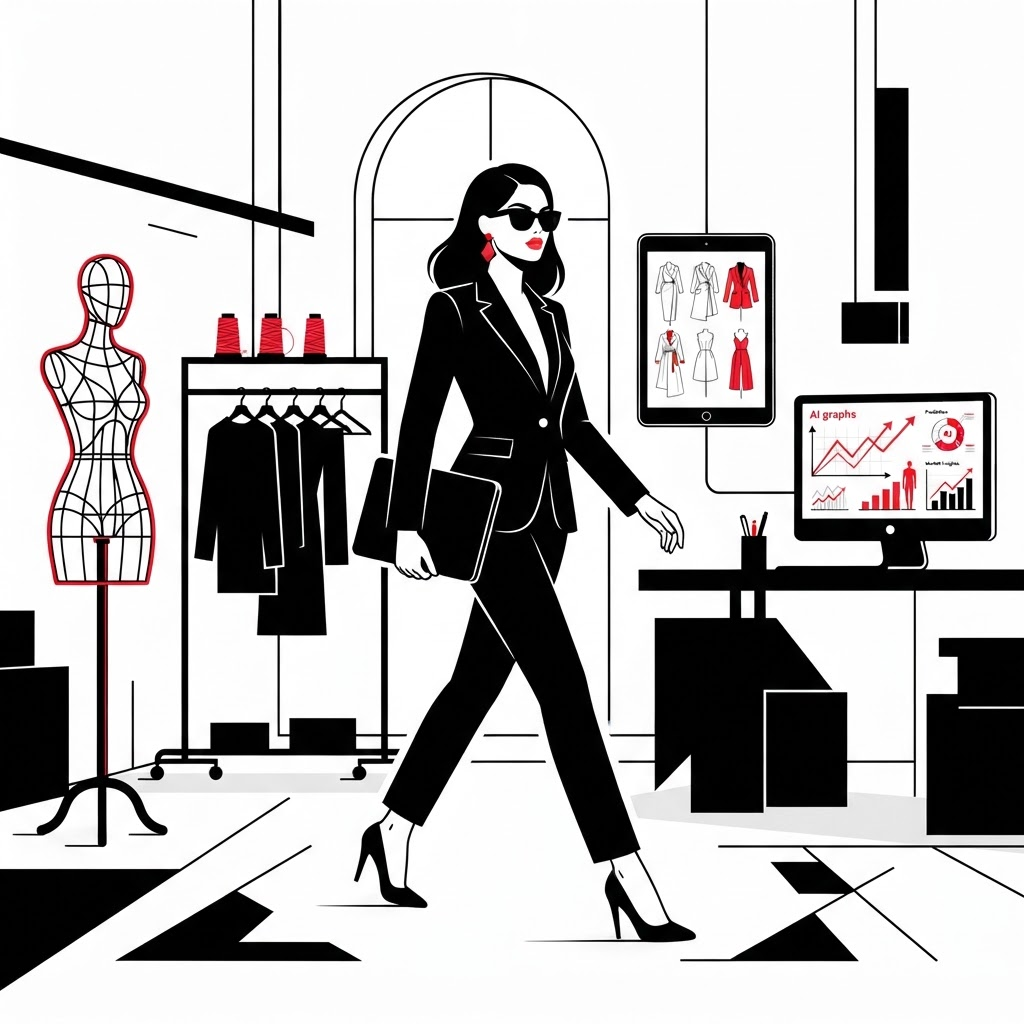 A founder using AI-powered tools alongside fashion design, retail and textile technology visuals